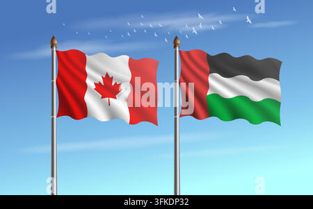 Relation zwischen den Flaggen von Kanada und den Vereinigten Arabischen Emiraten mit Himmelshintergrund Stock Vektor