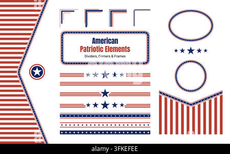 Amerikanisches patriotisches Design-Elemente-Set, rote und blaue Trennlinien, Rahmen für Banner-Grafik für den VeteranenTag oder das Gedenken in den USA, minimalistischer Stern für Stock Vektor