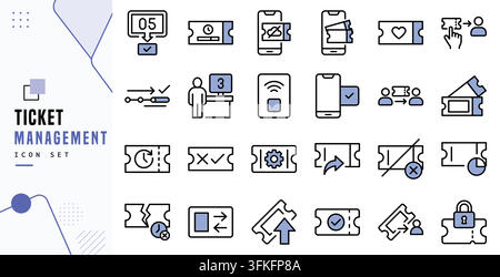 Ticket-Management-Event-Buchung Online-Zugangs-Pass Vektor-Linien-Icon-Set Stock Vektor