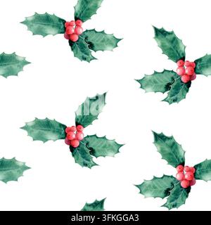 Aquarell-Weihnachtsstechpalme-Muster ohne Naht mit Illustrationen grüner Blätter und roter Beeren. Handgezeichneter Hintergrund für Winterferien und Neujahrstext Stockfoto