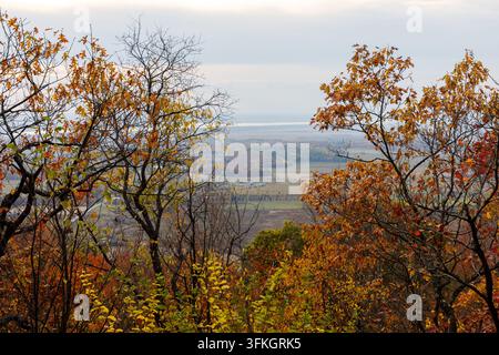 Herbstbäume rahmen eine weite Panoramaaussicht auf das Landtal ein. Herbstlandschaft im Gatineau Park, Kanada Stockfoto