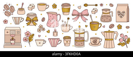 Kaffeearteien Boho-Clipart-Set. Koffein-Barista-Vektorsymbole, niedliche und gemütliche Getränkeillustrationen Stock Vektor