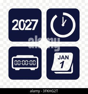 Frohes neues Jahr 2027 Countdown-Vektor-Ikonen-Set mit Kalender-Digitaluhr und Mitternachts-Timer Stock Vektor