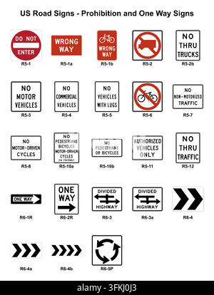 Satz von 23 amerikanischen Straßenschildern: Verbots- und Einbahnstraßenschilder, jeweils mit ihrem MUTCD-Code beschriftet. Standard-US-Verkehrsschilder für Karten, Fahrhandbücher, i Stock Vektor