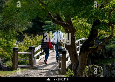 Japanisches Besucherehepaar überquert die Takabashi-Brücke (高橋) im Genkyuen (玄宮園) japanischen Landschaftsgarten in Hikone, Shiga, Japan. Stockfoto