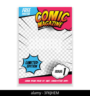 Comic-Buch-Cover-Vorlage Vektorbild mit kräftigen grafischen Elementen, dynamischen geometrischen Formen, lebhaften Farben, ausdrucksstarker Typografie Stock Vektor