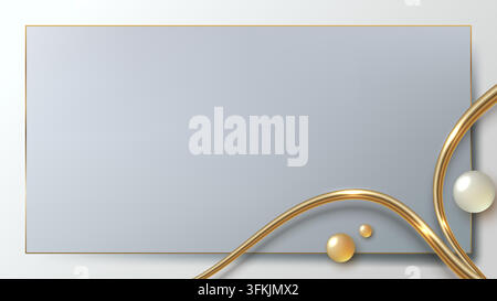 Luxus-Gold-Hintergrundvorlage mit 3D-metallischen Ringen, Kugeln und weißer Perle auf grauem abstraktem Rahmen für elegantes Präsentationsdesign Stock Vektor