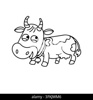 Kuh-Cartoon-Umriss isolierter Vektor. Niedliches Haus Nutztier-Charakter mit Glocke Malvorlage. Kinderaktivitätsbuch ländliche Landschaft Bio-Milch Stock Vektor