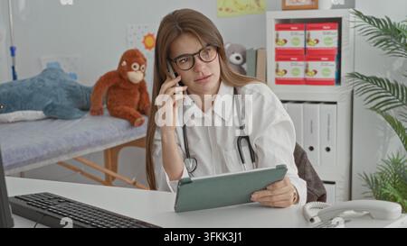 Ärztin mit Stethoskop und Brille, die ein Tablet hält und in einer Kinderklinik mit einem Smartphone spricht; telemedizinische Beruhigung ruhig. Stockfoto