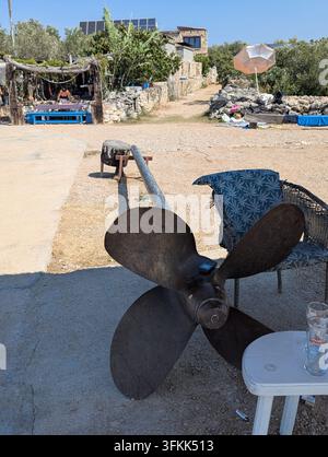 Pirovac, Kroatien, 16. August 2026 Rustikaler Küstenhof mit großer Bootsschraube im Vordergrund, Steinbauten, Olivenbäume, schattige Sitzplätze Stockfoto