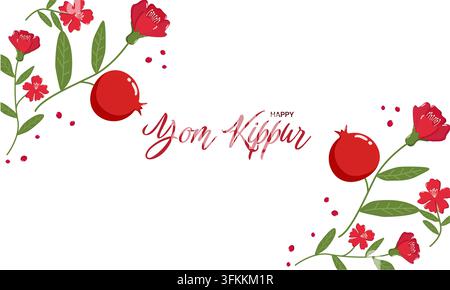 Dekorative Yom-Kippur-Grüßkarte mit "Happy Yom Kippur"-Text in roter Schrift, umgeben von Granatäpfeln, Blumen, Blättern und Samen. Elegant festlich Stockfoto