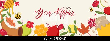 Farbenfrohe Yom-Kippur-Illustration mit „Happy Yom Kippur“-Text, Honighäppchen, Bienen, Schofar, Granatäpfeln, Äpfeln, Honiggläsern, Blumen, Herbstblättern und Stockfoto