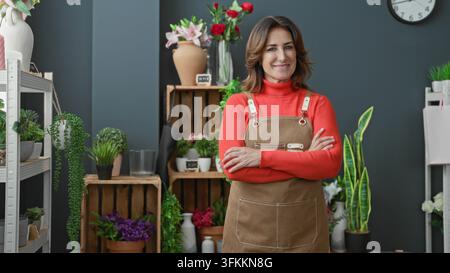 Blumenhändlerin in Schürze steht mit verschränkten Armen, Hände sichtbar zwischen Topfpflanzen auf Kisten im Studio; Selbstvertrauen. Stockfoto