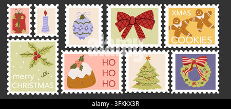 Skurrile Weihnachtsbriefmarken in Vintage-Farben. Satz von Briefmarkenstempeln. Handgezeichneter Weihnachtskuchen, Stechpalmenbeere, rote Schleifen und Ornamente, Lebkuchenma Stock Vektor