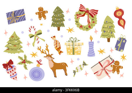 Skurrile weihnachtliche Festelemente – Schleifen, Fichtenbäume, Kranz und Knoten, Geschenke. Niedlicher Keksmann, Zuckerstange und festliche Symbole für Weihnachtsdesign Stock Vektor