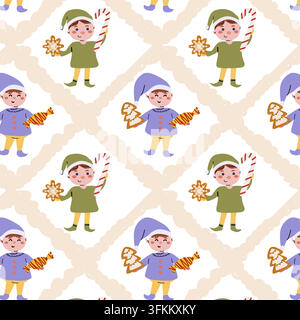 Niedliche Weihnachtstomte-Muster ohne Ende mit Zuckerstangen, Lebkuchen in Cartoon-Flachstil. Vektorillustration mit diagonalem Raster. Stock Vektor