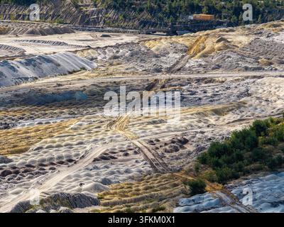 Luftbild des Tagebaus Welzow-Süd, einer Braunkohle-Diebstichmine, die ein weitläufig ausgegrabenes Gelände, sandige Bodenstrukturen und industrielle Bergbauausrüstung in Spr zeigt Stockfoto