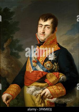 Ferdinand VII in der Uniform eines Kapitänsgenerals, ca. 1814. Porträt von Ferdinand VII. (1784-1833), König von Spanien, mit einer dunkelblauen Jacke mit goldgestickten Aufschlägen, Kragen und karmesinroter Verbrämung, mit drei Reihen goldener Knöpfe; einem weißen Hemd mit hohem Kragen und schwarzer Seidenkrawatte; Reithosen; und einer scharlachroten Seidenschärpe. Um seinen Hals hängt das Insignium des Ordens vom Goldenen Vlies, und auf seiner Brust trägt er die Großkreuze des Ordens von Karl III. und des Ordens der Heiligen Isabella der Katholischen (beide mit Schärpen und Plaketten) sowie das Großkreuz des Ordens des Heiligen Ferdinand. Seine rechte Hand res Stockfoto