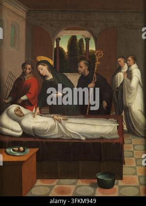 Der Tod des Heiligen Bernhard, 1545. Der Heilige, auf seinem Sterbebett, erhält Besuch von der Jungfrau Maria, die ihre rechte Hand auf seine Brust legt. Im Hintergrund bezeugen die Szene zwei Bernhardiner-Mönche. Das Thema ist innerhalb der Ikonographie des Heiligen sehr ungewöhnlich, daher muss die religiöse Gemeinschaft von Valdeiglesias dem Maler einen Text oder einen expliziten Hinweis bezüglich der Bedeutung der Szene und der einzubeziehenden Figuren gegeben haben. Das Bett des Heiligen ist parallel zum Betrachter positioniert, und hinter ihm befinden sich die Figuren von Maria, dem Heiligen Laurentius mit seinem Grill und dem Heiligen Benedikt Stockfoto