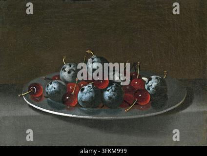 Teller mit Pflaumen und Morello-Kirschen, 1627. Stockfoto