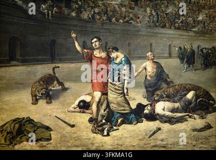 Eudorus und Cymodocea im Amphitheater, 1884. Darstellung des Moments, in dem Cimodocea Eudorus umarmt, der sie mit seinem linken Arm hält und seinen rechten zum Himmel erhebt, um Gott um Hilfe zu bitten. Zu ihren Füßen wird ein Mann von einem Tiger verschlungen; ein anderer alter Mann steht mit erhobenem Kopf und übergeben seiner Seele an den Himmel, während er im Sterben liegt; eine weitere Figur liegt am Boden und verbirgt ihren Kopf in ihren Händen, überwältigt von Angst; und im Hintergrund bereitet sich eine Gruppe von Christen auf ihre Opferung vor. Auf dem Boden verstreute Kleidung, Nägel und andere Details vervollständigen die Szene. Um dieses Werk zu schaffen, Bermud Stockfoto