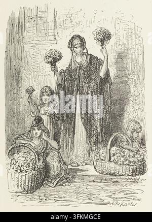 Blumenmädchen, 1872. Londoner Straßenhändlerinnen. Aus "London: eine Pilgerreise", mit Illustrationen von Gustave Doré und Text von Blanchard Jerrold, [London: Grant & Co., 1872] (S.54). Stockfoto