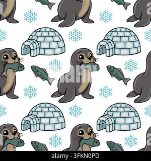 Nahtloses Muster-Vektor mit niedlichen Cartoon-Seelöwen, die Fische, Iglus und Schneeflocken für Winterferiendesign halten. Stock Vektor
