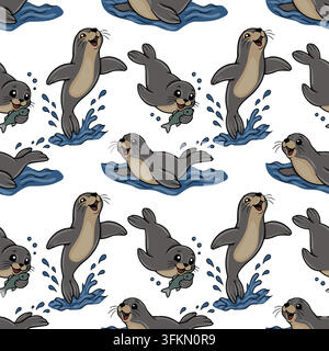 Nahtloses Vektormuster mit niedlichen Cartoon-Seelöwen, die im Wasser mit Fischen spielen Stock Vektor