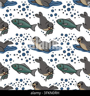Nahtloses Vektormuster mit niedlichen Cartoon-Seelöwen und Fischen in Wasserblasen Stock Vektor