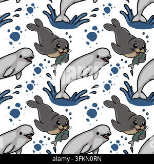 Nahtloses Vektormuster mit niedlichen Cartoon-Seelöwen und Beluga-Walen, die in Wasserspritzern springen Stock Vektor