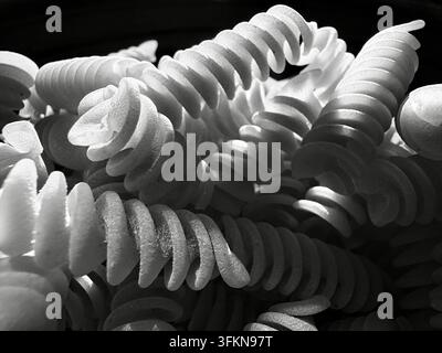Getrocknete Fusilli-Pasta-Spiralen mit strukturierter Oberfläche in dramatischer Monochrom-Beluchtung, die die italienische kulinarische Tradition zeigt Stockfoto