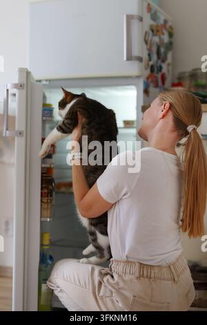 Haustierbesitzer und Katze suchen im Kühlschrank nach Futter, ein humorvolles Konzept für Lebensmittelkosten, Mahlzeitenplanung und Tierernährung. Stockfoto
