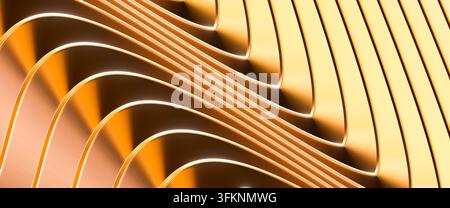 Ein goldenes abstraktes Muster aus wiederholten gebogenen Formen, 3D-Rendering. Stockfoto