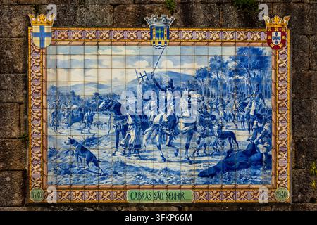 Torre de Sao Paulo, Verteidigungsverteidigungsturm der alten Stadtmauer, mit Azulejo Cabras Sao, Senhor, Ponte de Lima, historische Altstadt, Portugal, Ponte Stockfoto