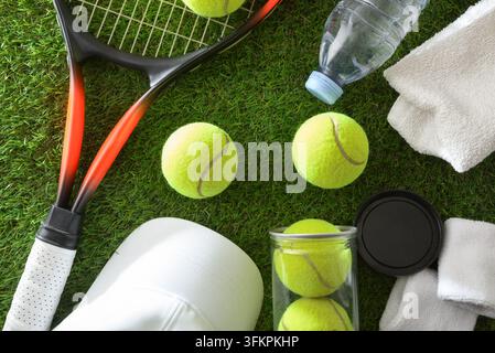 Ansicht von oben über Tennisracket, Bälle, Mütze, Handtuch und Wasserflasche, die auf grünem Rasen für ein Outdoor-Sport-Setup angeordnet sind. Stockfoto