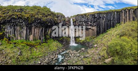 Wasserfall Svartifoss eingerahmt von dunklen Säulenbasaltklippen, einem felsigen Bach und grünen Sommerhängen in Skaftafell, Island, von oben gesehen. Stockfoto