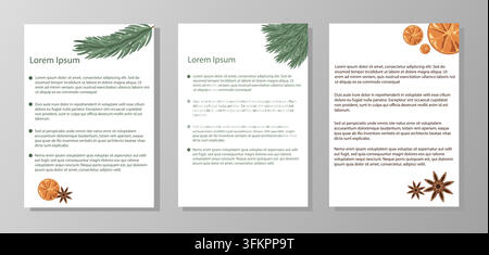 Weihnachtsgeschäftsbriefpapier-Rechnungsvorlagen-Set Vektorlayout. Gemütliche Eco-Winter-A4-Leerseiten mit Tannenzweig und getrockneten Orangenscheiben als Dekoration Stock Vektor