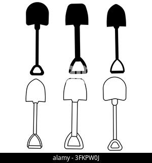 Ein professionelles Set aus Grabungsschaufeln und Baumsägen in sauberem Linienart- und solidem schwarzem Glyphenstil. Perfekt für Bauunternehmer-Branding, Garten Stock Vektor