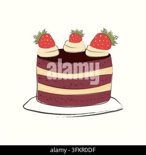 Handgezeichneter Kuchen im handgezeichneten Stil mit einer Erdbeere, geeignet für Grußkarten, Banner und Textilien. Süße Bäckerei isolierte Vektorillustration im handgezeichneten Stil. Perfekt für Café-Menü, Grußkarten Stock Vektor