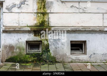 Schälende Fassade mit feuchter Streife, Schimmel, rissigem Putz, Kellergeschossfenstern und Wasserschäden, vernachlässigte Gebäudewartung, Leckagen und Renovierungsbedarf. Stockfoto