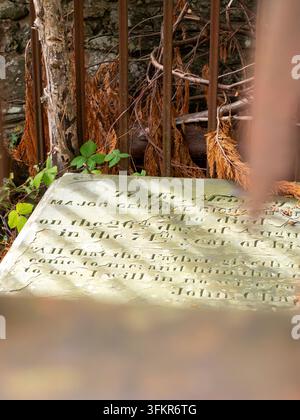 20. September 2026, Loweswater, Vereinigtes Königreich. Ein verwitterter Grabstein mit eingemeißelter Inschrift, teilweise verdeckt von überwucherten Ästen und einem rostigen M Stockfoto