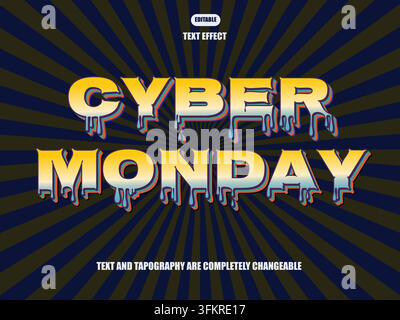 Cyber Monday Text-Effekt im Retro-80er-Stil mit einem tropfenden Schriftentwurf auf einem dunkelblauen Sonnenstrahl-Hintergrund für Verkaufsaktionen Stock Vektor