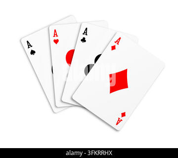 Vierer-Gruppe der Asse – As der Herzen, Pik, Kreuze und Karo. Glücksspiel- oder Spielkonzept. Vektorillustration mit weichem Schatten auf weißem Tischhintergrund Stock Vektor