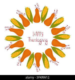 Thanksgiving-Banner. Kürbisernte in Maisform in runder Rahmenform. Vektorillustration. Stock Vektor
