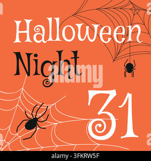 Halloween-Nacht. Partyeinladung. Spinnen, Netz, orangefarbener Hintergrund, quadratische Vektorillustration. Stock Vektor
