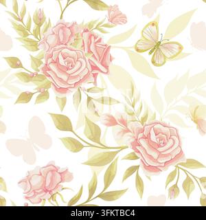 Ein zartes nahtloses Blumenmuster mit handgemalten Aquarellrosen, weichen rosigen Blütenblättern, blass-gelbgrünen Blättern und luftigen Schmetterlingsakzenten auf einem sauberen weißen Hintergrund. Die Komposition wirkt romantisch, leicht und elegant, mit einer sanften Pastellpalette und einer transparenten Aquarelltextur. Der Stil kombiniert botanische Illustration mit einem raffinierten dekorativen Look und eignet sich für feminine Markenführung, Hochzeitsstationäre, Textildesign, Geschenkverpackungen, Verpackungen, Tapeten, Modedrucke, Grußkarten und romantische Lifestyle-Produkte. Stockfoto
