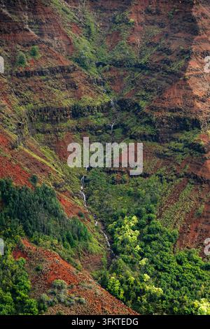 Luftbild der Kauai-Schlucht mit kaskadierenden Wasserfällen, die zwischen steilen roten Vulkanklippen und dichtem grünem Regenwald an einem hellen tropischen Tag fließen Stockfoto
