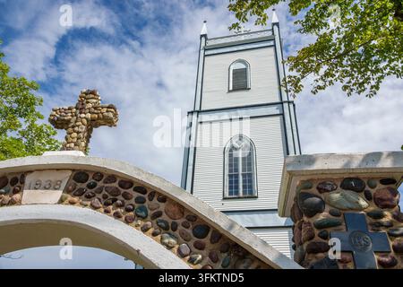 Charlottetown Prince Edward Island PEI Kanada,Rustico,St. Augustine Katholische Kirche,historisches Denkmal,erbaut 1838,Steintor,Pebble-Bogen,Felshkreuz Stockfoto