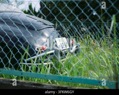 Klassischer schwarzer Porsche 356, der auf Küstengras mit Palmen in Aichi, Japan, geparkt ist Stockfoto