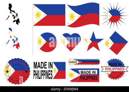 Nationalflagge der Philippinen, Länderkarte und Vektor-Symbole für ‚Made in Philippines‘ Stock Vektor